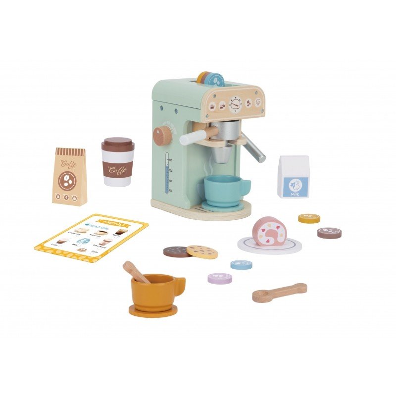 2. Woopie Green wooden coffee machine with cups, pastries, and accessories on white background