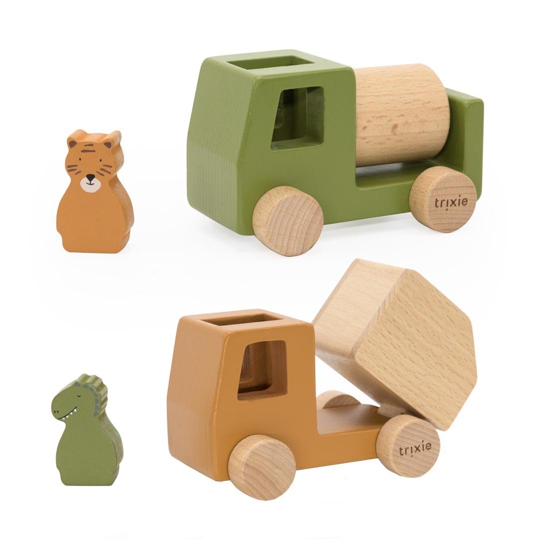 1. Green mixer and orange dump truck with Mr. Dino and Mr. Tiger wooden figures on white background