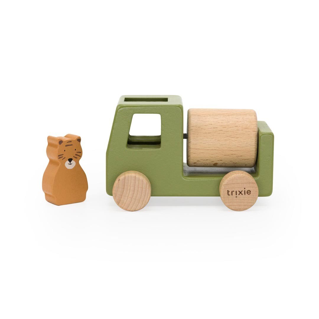 4. Green wooden mixer truck with Mr. Tiger figure on white background