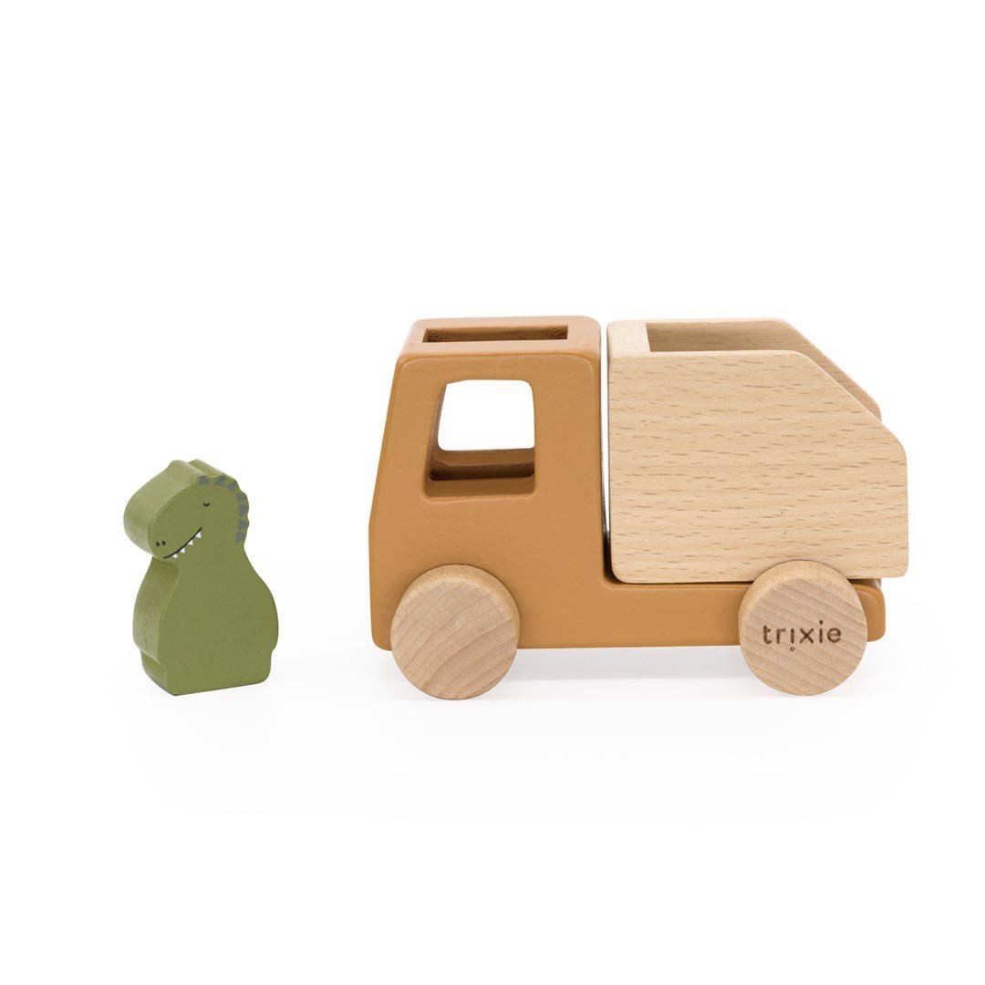 5. Orange wooden dump truck with Mr. Dino figure on white background