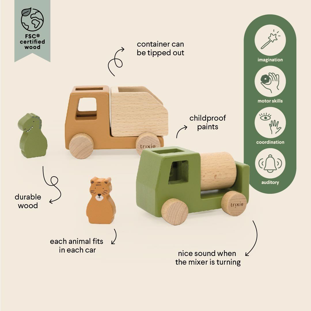 2. Green mixer and orange dump truck with Mr. Dino and Mr. Tiger, labeled features and benefits on beige background