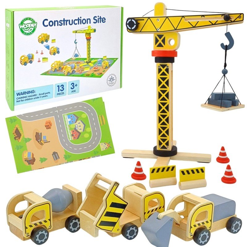 2. Woopie Green wooden construction set with crane, vehicles, and play mat in packaging