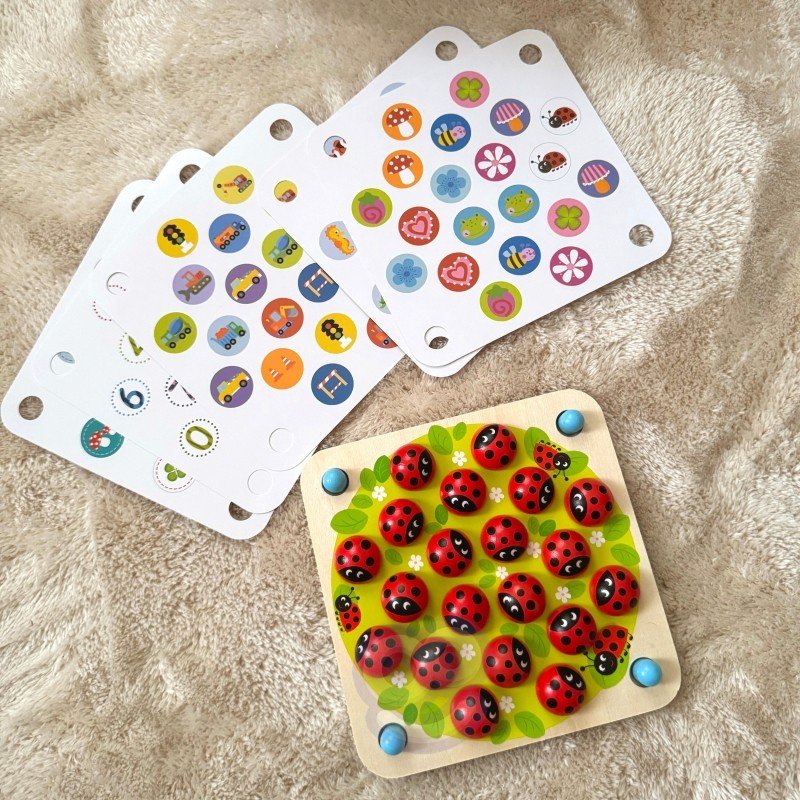 4. Flat lay of Woopie Let's Go Green ladybug memory puzzle with various motif cards