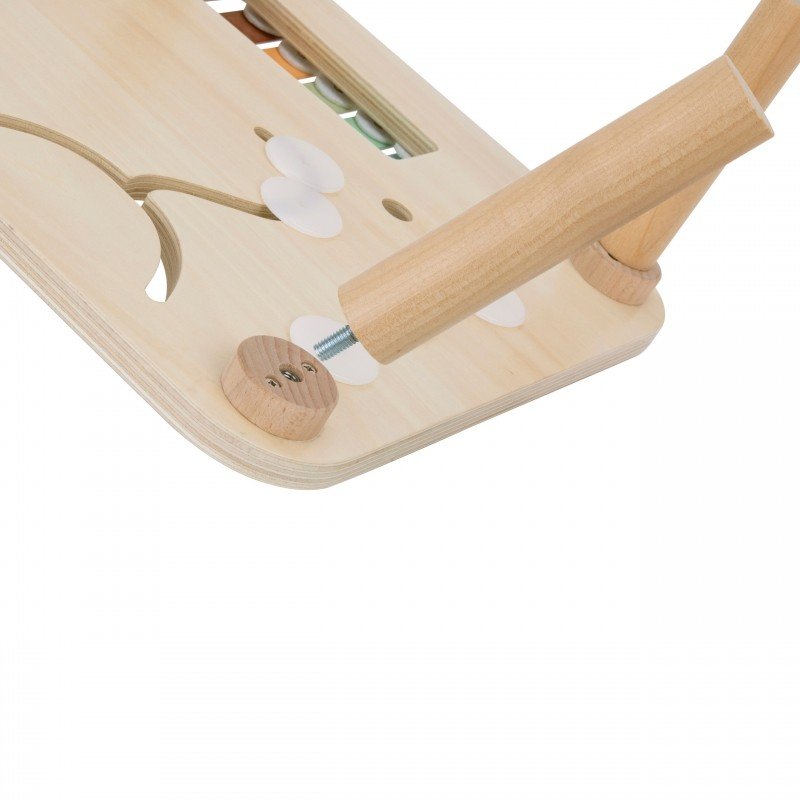 8. Close-up of assembly detail on Woopie 5-in-1 activity table showing wooden legs and screws