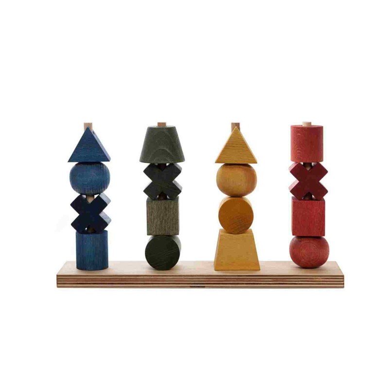 2. Colorful wooden fence puzzle blocks on a wooden base, featuring blue, green, yellow, and red shapes stacked vertically