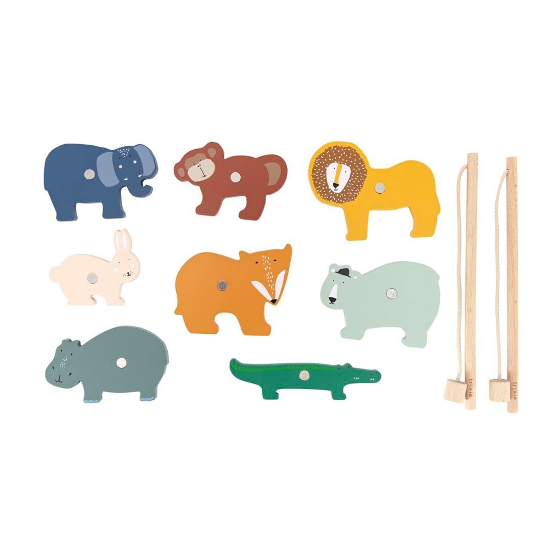 2. Wooden fishing game with eight colorful animal pieces and two wooden rods on white background