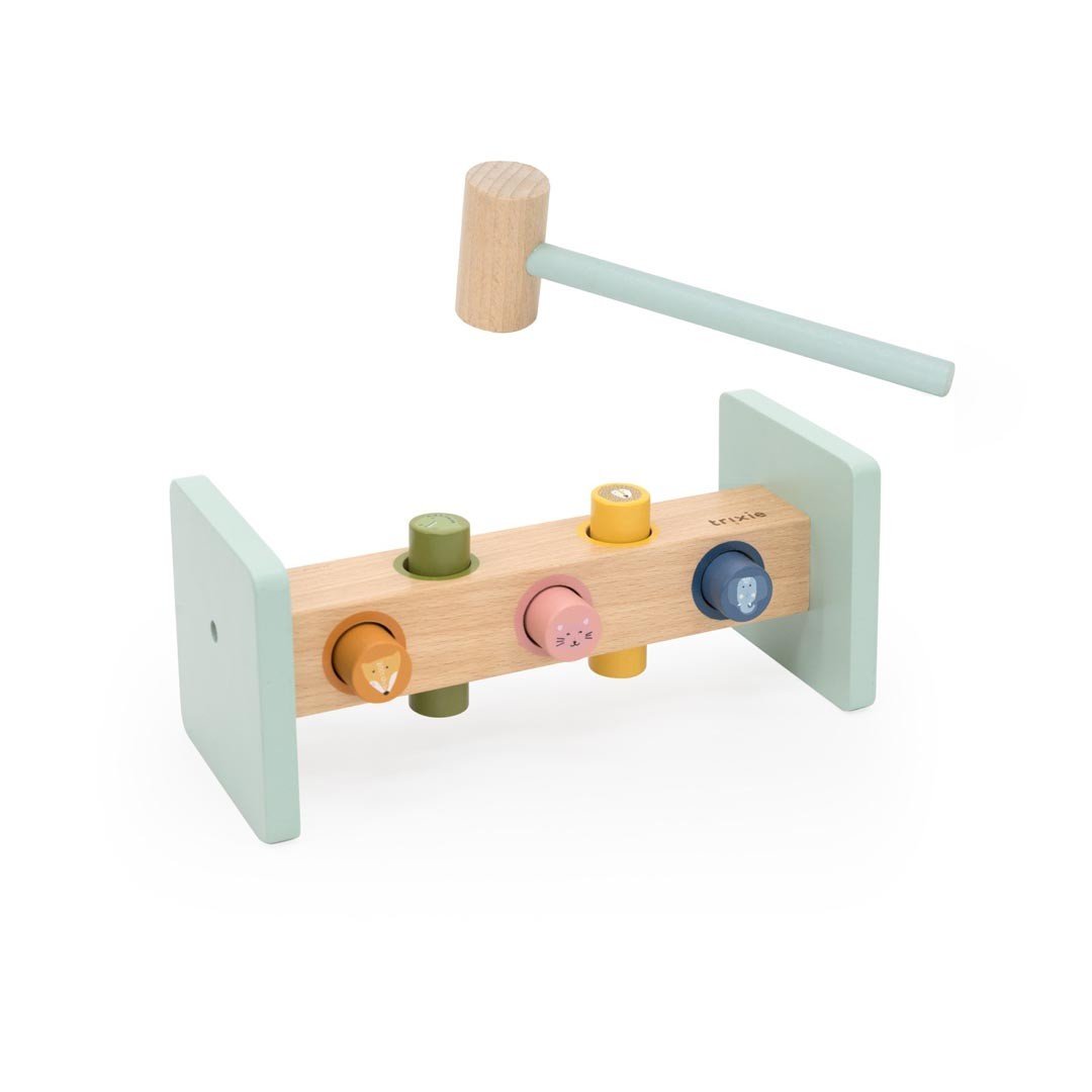 2. Studio shot of Trixie Baby wooden hammer bench with colorful animal pegs and light green sides
