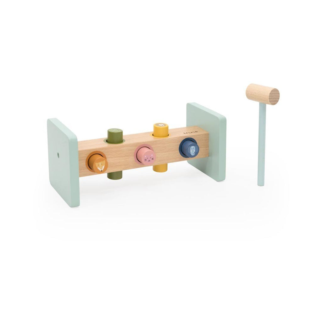 3. Close-up of Trixie Baby wooden hammer bench with detached hammer and colorful pegs