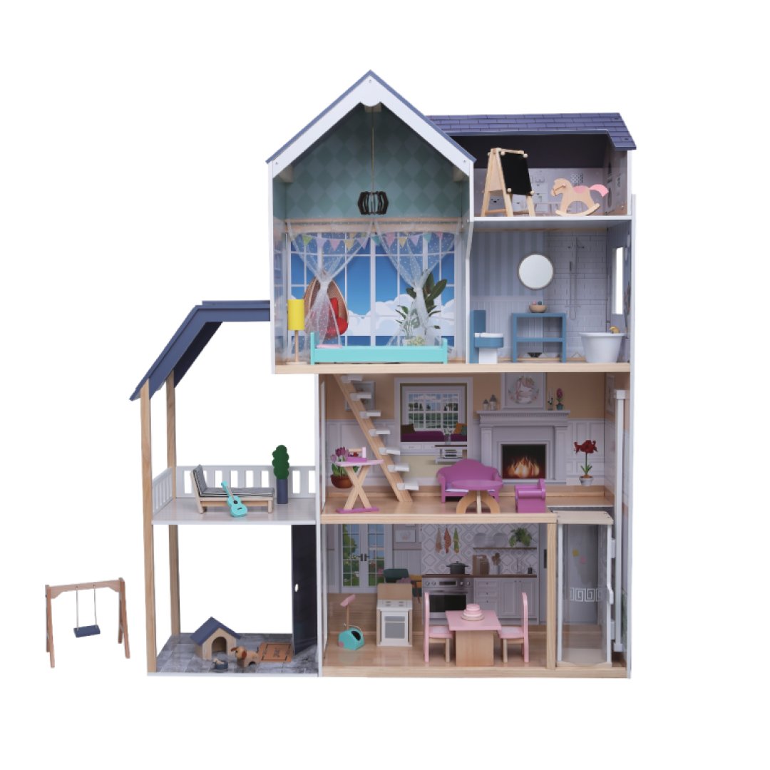 1. Wooden dollhouse with four floors and secret attic room, featuring kitchen, living room, bedroom, bathroom, and terrace, with LED lights and various furniture accessories