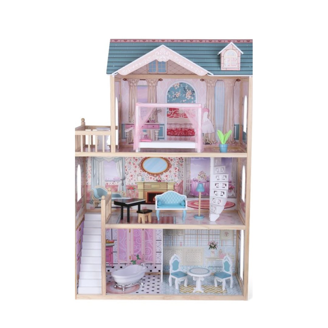 1. Three-story wooden dollhouse with LED lights, featuring a blue roof and detailed interior rooms, by Gerardo's Toys