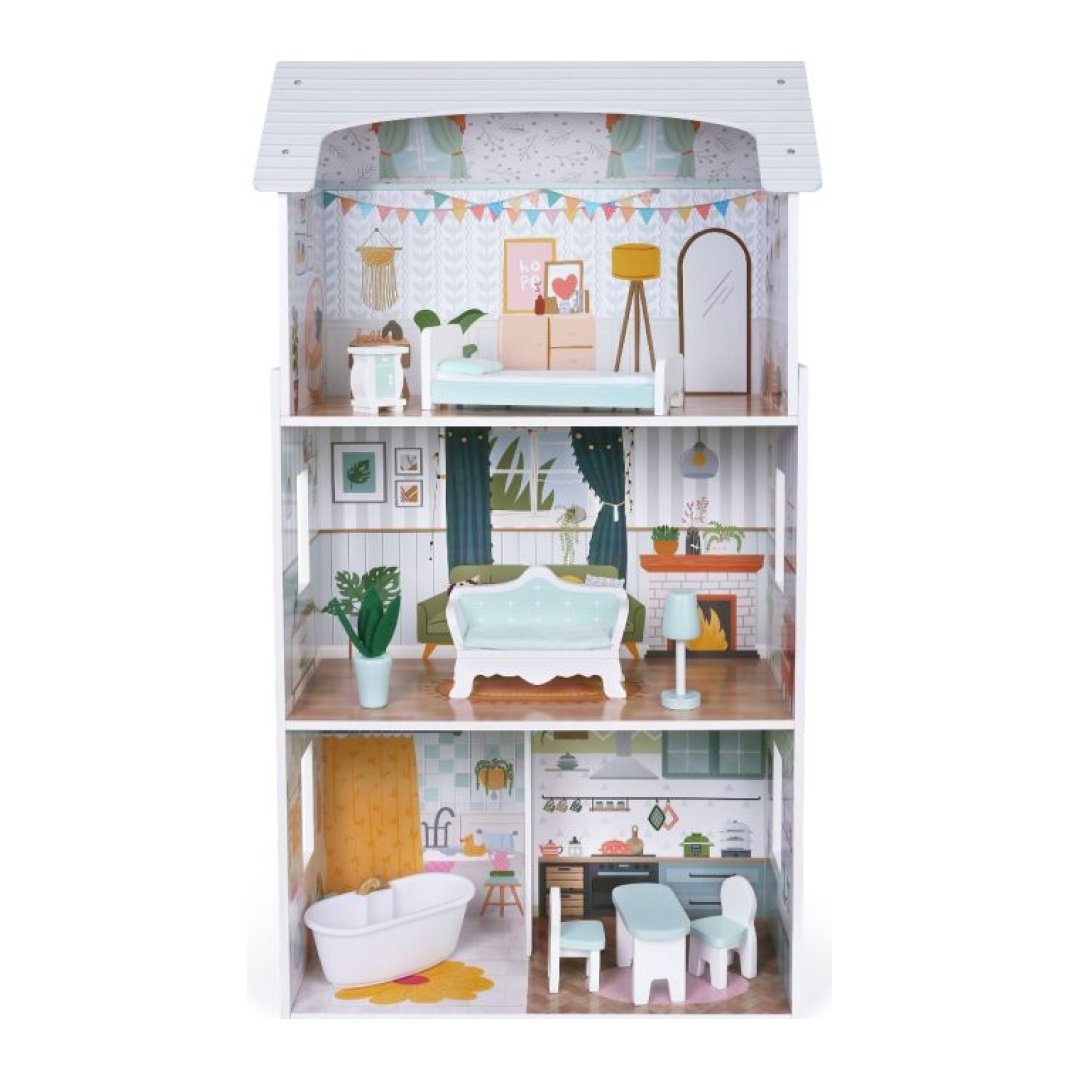 3. Front view of Gerardo's Toys wooden dollhouse Luna with LED lights displaying detailed room designs and furniture