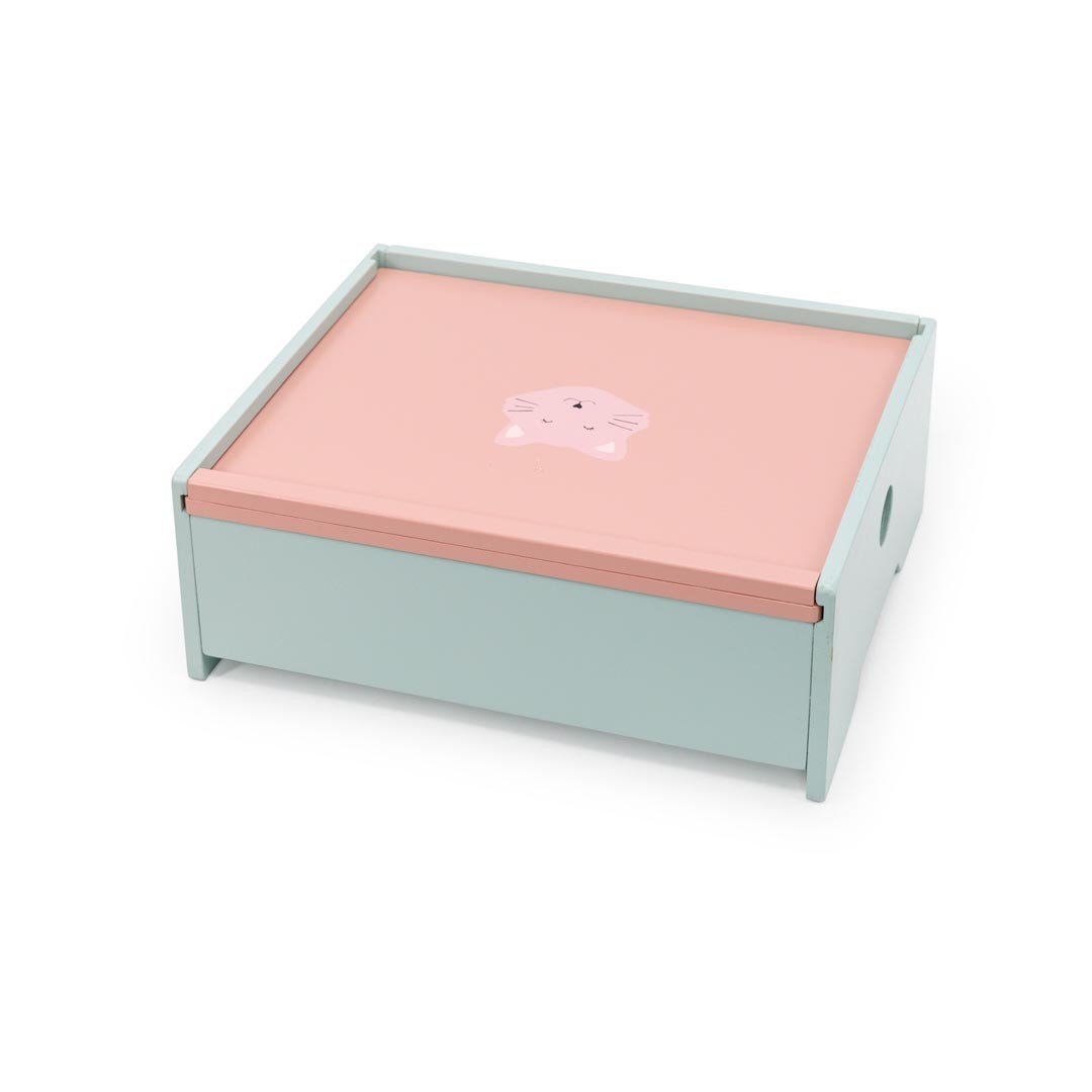 8. Closed Trixie Baby Wooden Make-Up Table with pink top and cat illustration on a white background