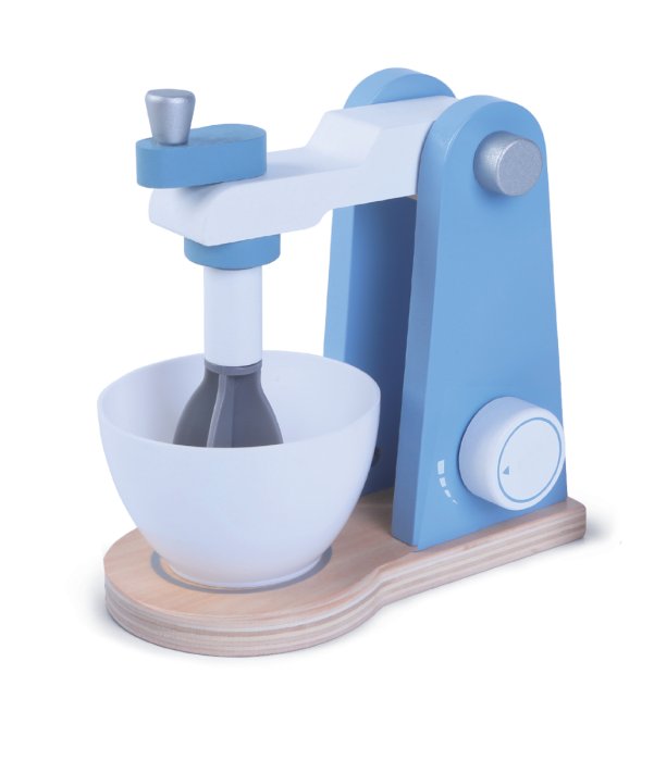 3. Front view of blue and white wooden mixer with bowl on black background