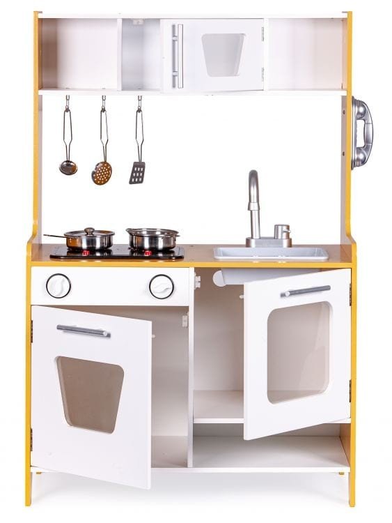 6. Wooden play kitchen with open oven and cabinet doors, multimedia burners, and sink, natural wood and white