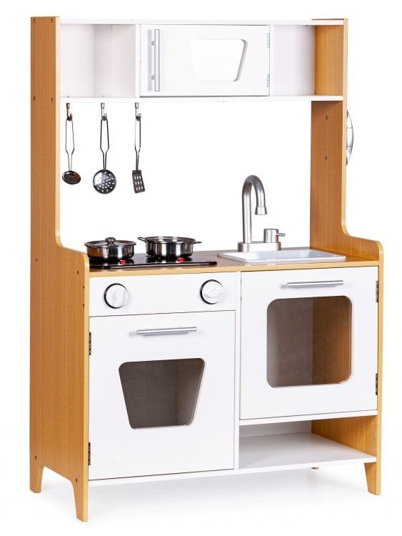 1. Wooden play kitchen with multimedia burners, featuring a sink, oven, and hanging utensils, made of natural wood with white accents