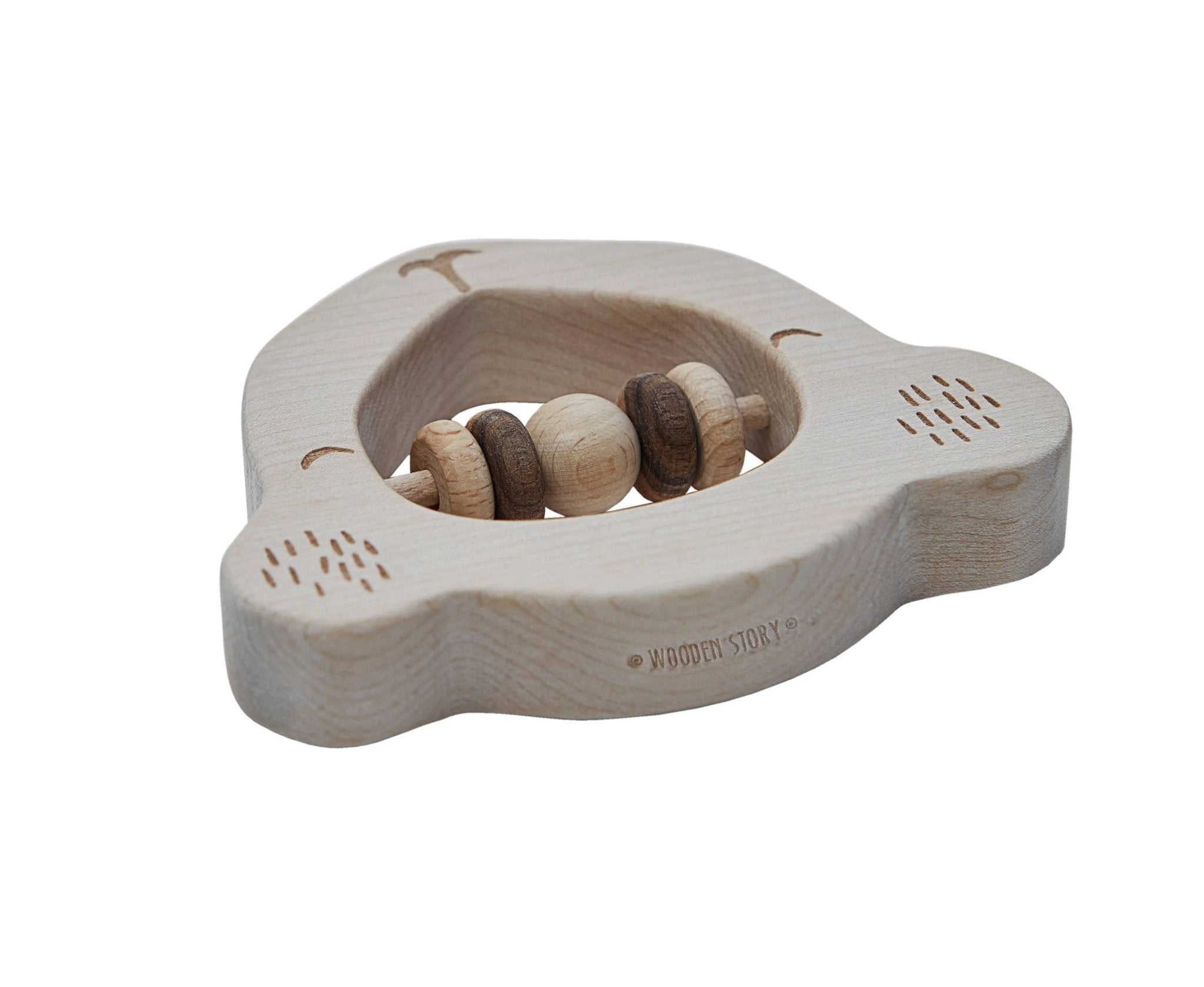 3. Side view of Wooden Story koala rattle showing engraved details and bead construction, made from natural wood