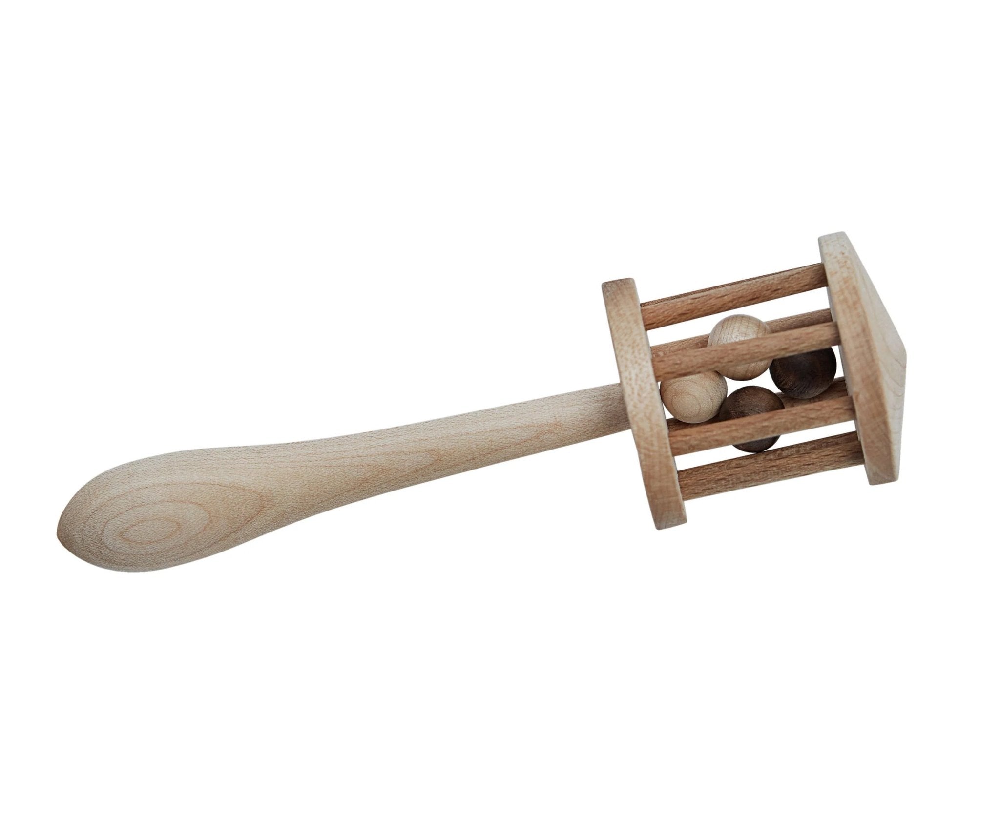 3. Side view of Wooden Story rattle with visible wooden beads inside