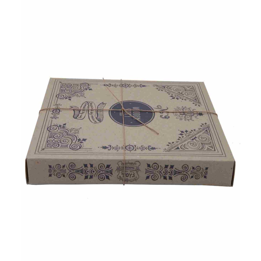 2. Cardboard packaging for Wooden Story shape sorting blocks with decorative design and tied with string