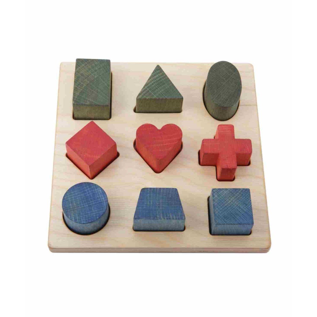 3. Studio shot of Wooden Story shape sorting blocks on wooden board, featuring nine colorful shapes