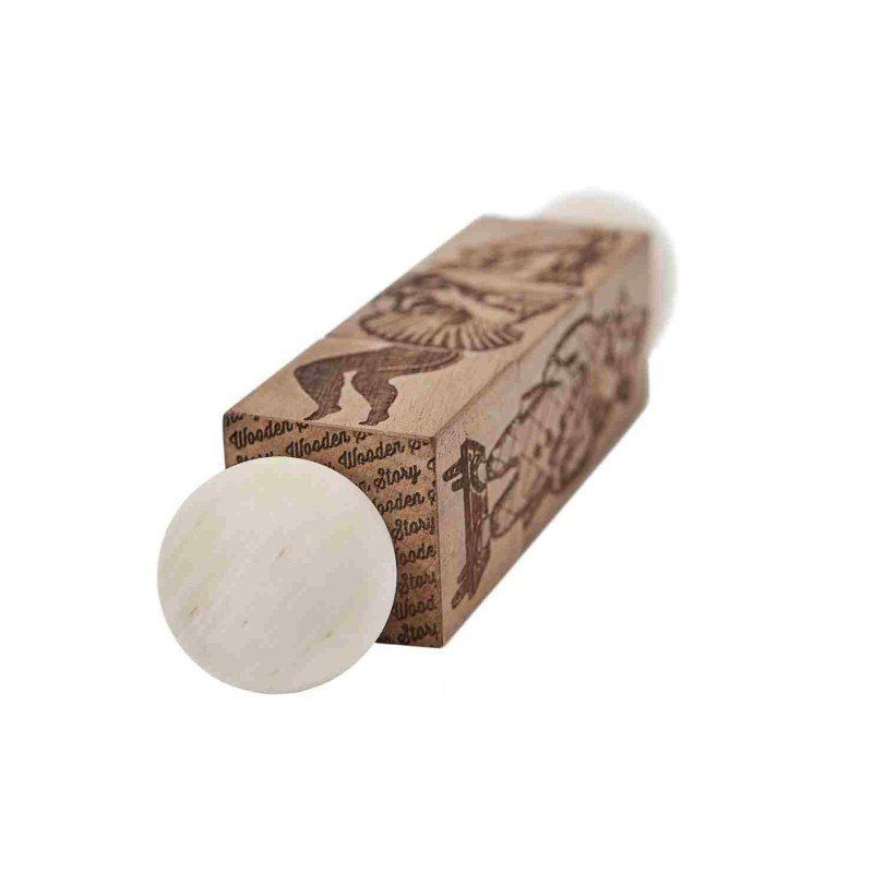3. Close-up of Wooden Story Commedia Dell'Arte wooden spinning puzzle with natural finish, showing engraved details
