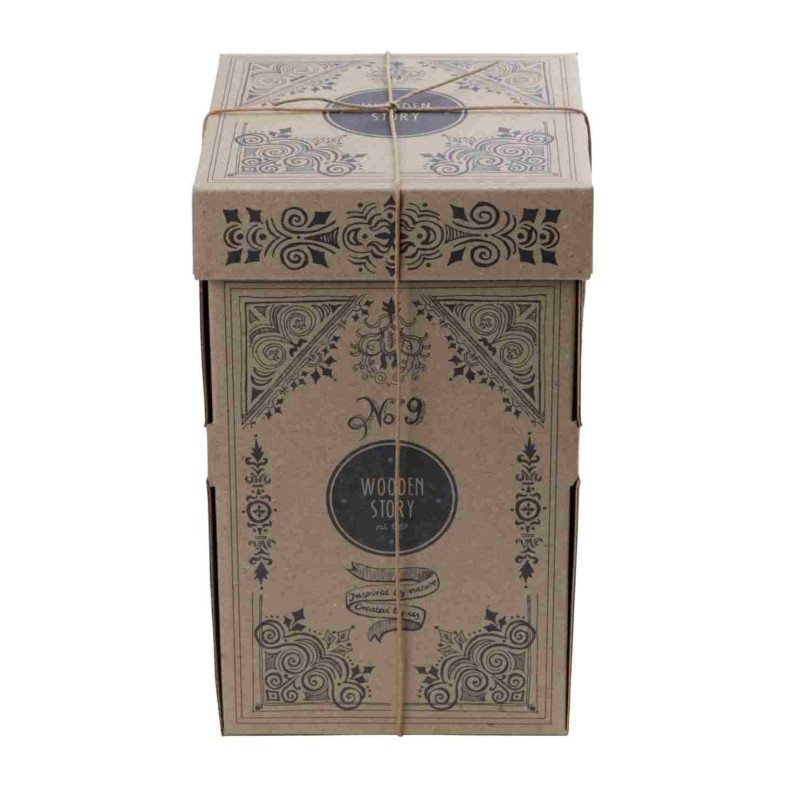 4. Decorative cardboard packaging for Wooden Story square pyramid toy, featuring intricate designs and brand logo