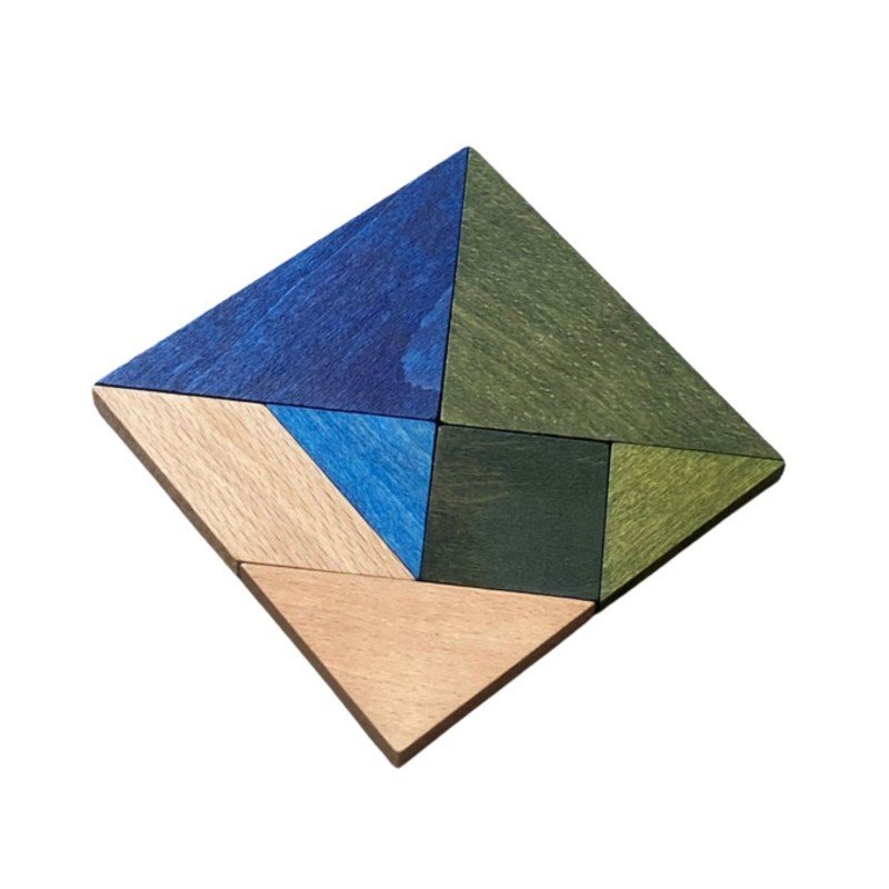 1. Wooden Story tangram set in cold colors arranged in a square on a white background