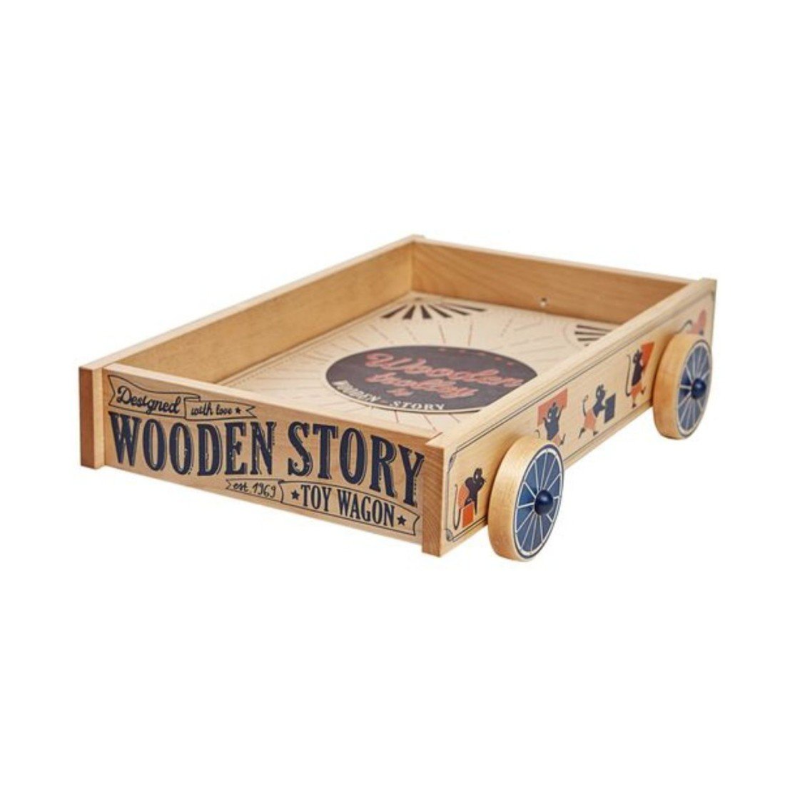 2. Wooden Story wooden wagon with mouse illustrations and blue wheels, side view on white background