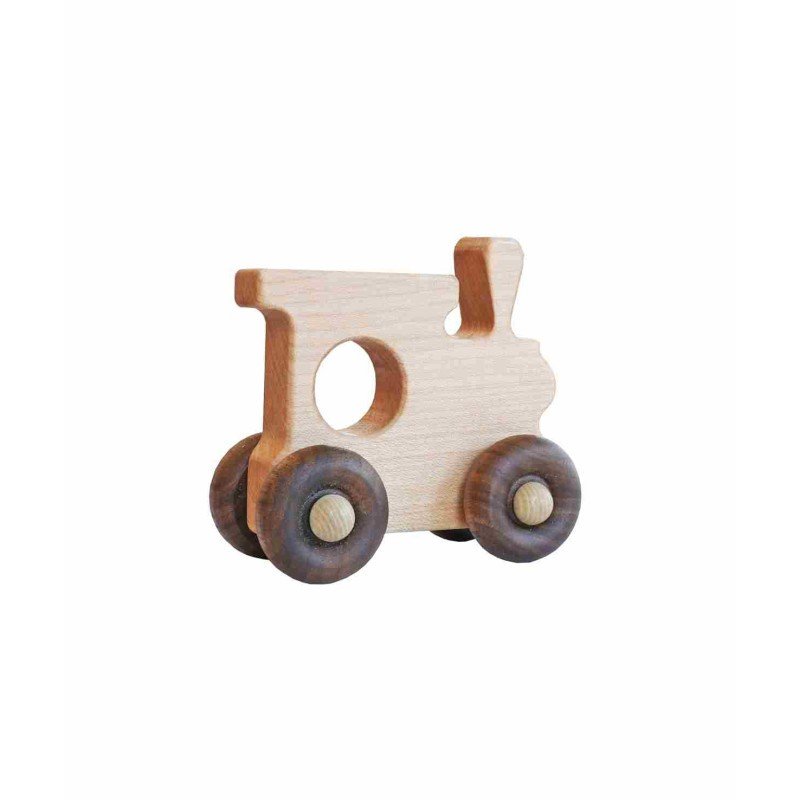 1. Wooden Story train toy made from natural wood with smooth finish and moving wheels, shown on white background