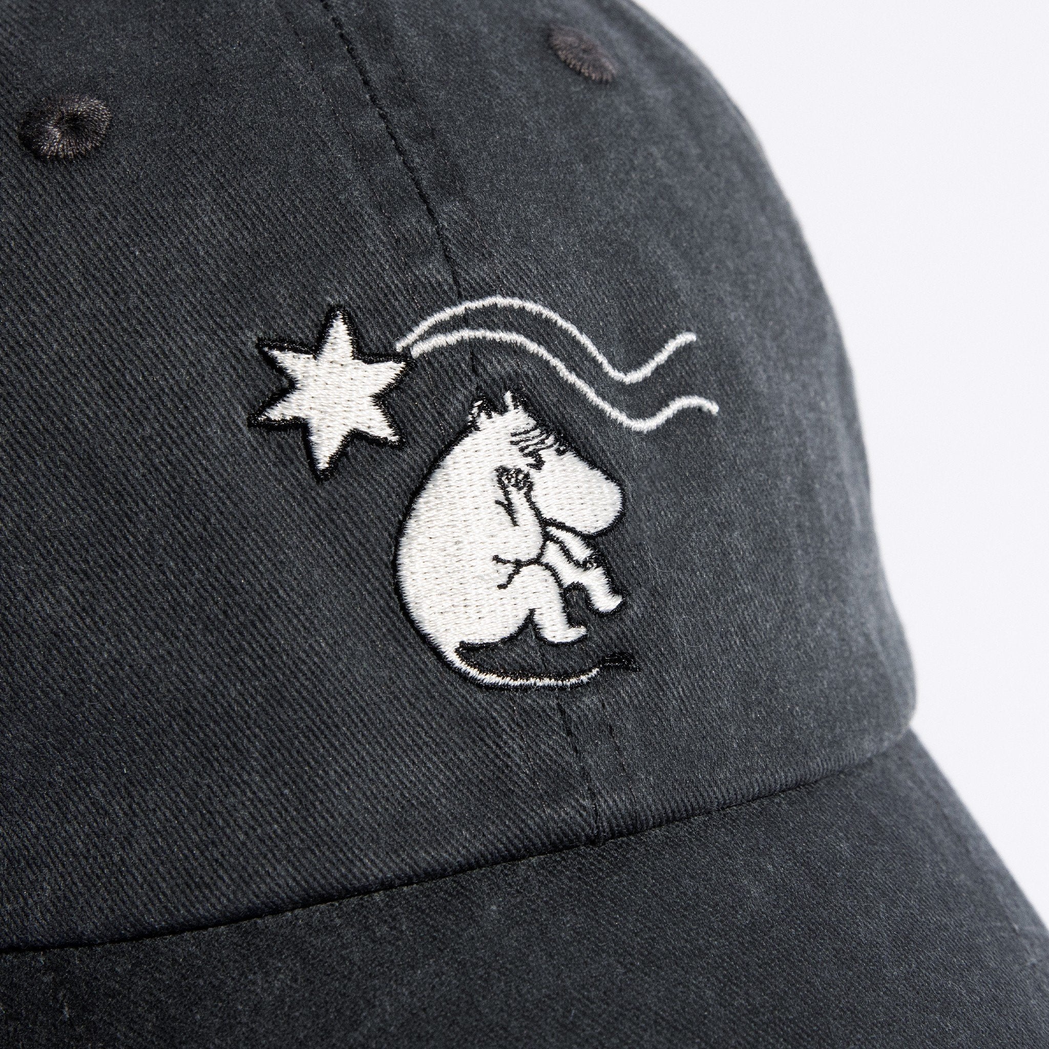 7. Close-up of Moomin embroidery on grey washed denim cap by NordicBuddies