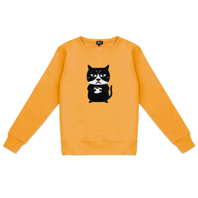 1. Women's yellow Grumpy Cat sweatshirt by HILP, featuring a playful cat graphic, shown in studio setting