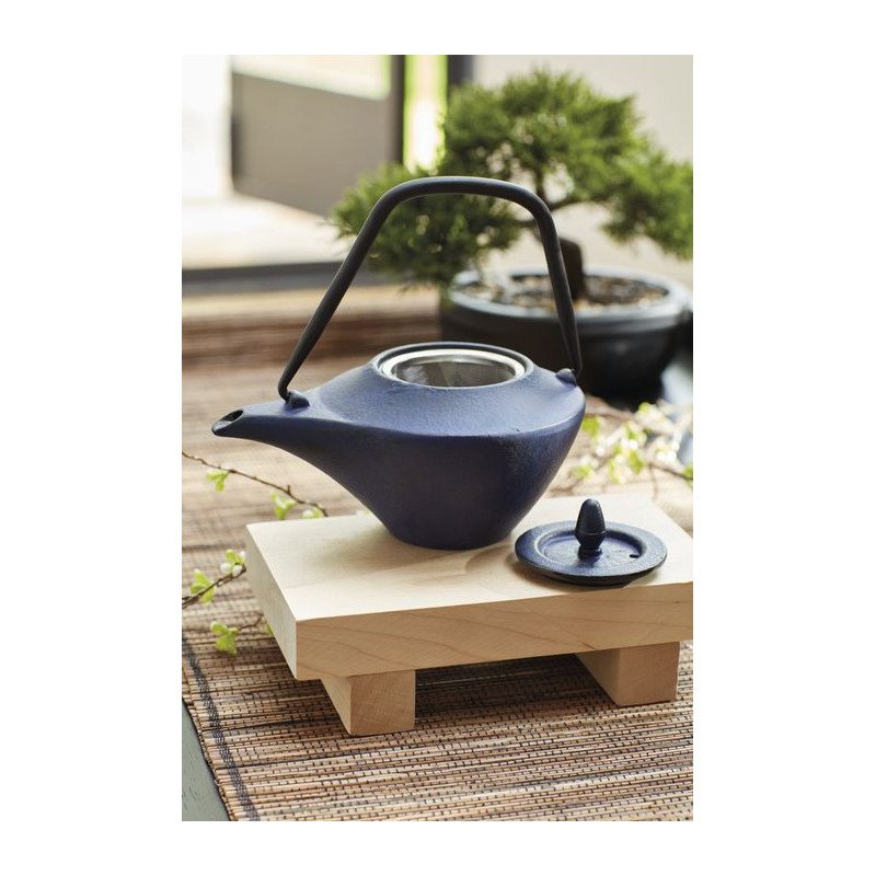 1. Dark blue La Cafetière cast iron teapot with lid removed, displayed on a wooden stand in a natural setting with plants