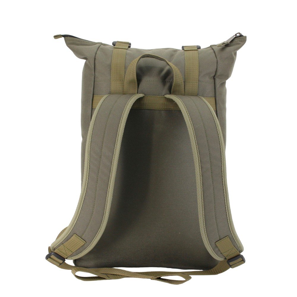 3. Rear view of Noel khaki backpack showing adjustable padded shoulder straps for comfort