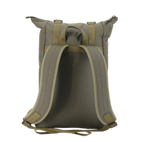 3. Rear view of Noel khaki backpack showing adjustable padded shoulder straps for comfort
