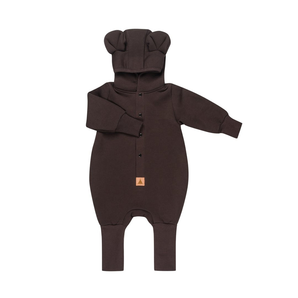 2. Studio shot of chocolate brown eared jumpsuit with hood on white background