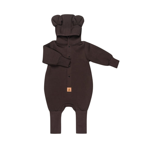 2. Studio shot of chocolate brown eared jumpsuit with hood on white background