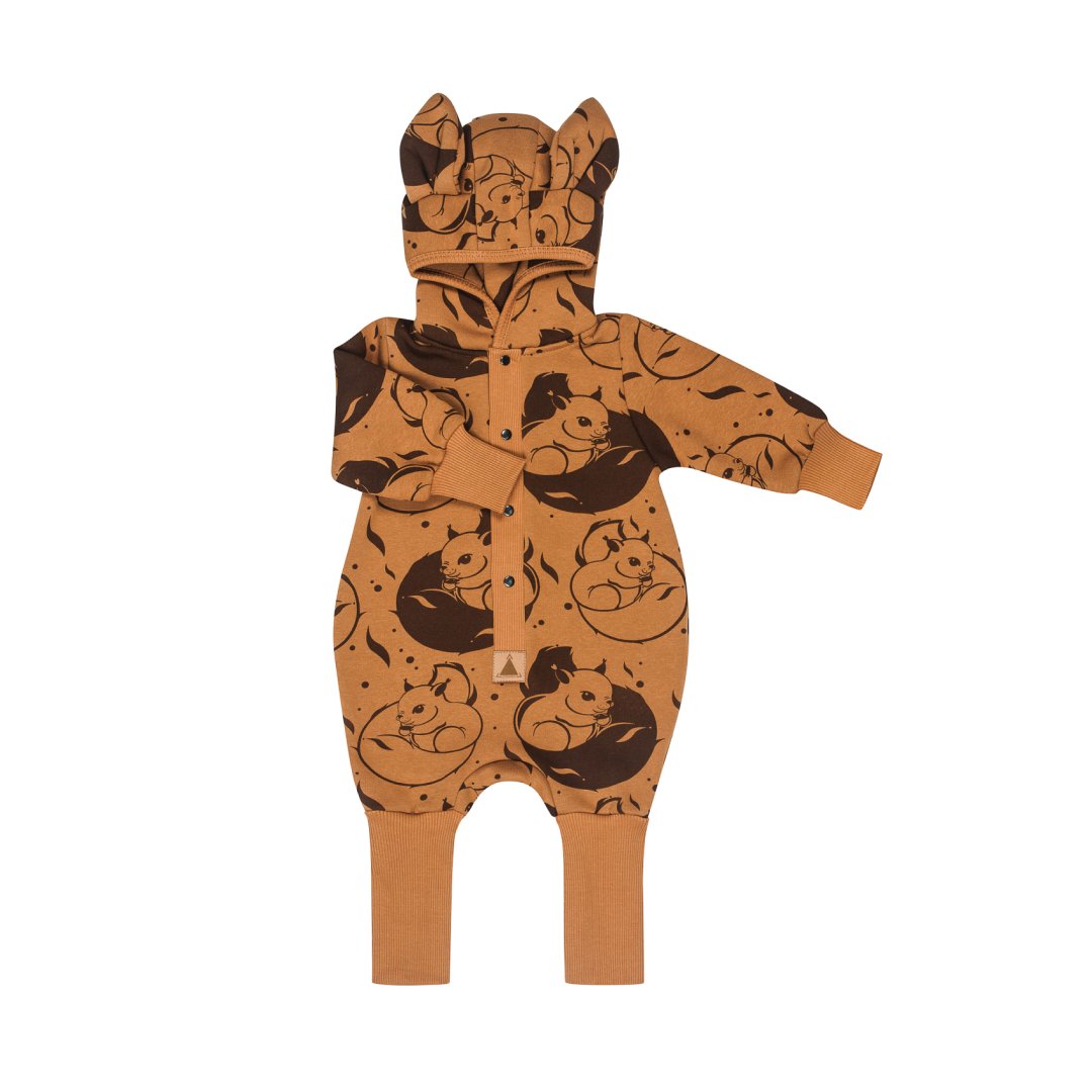 2. Cinnamon squirrel print jumpsuit with hood and ears, shown flat on white background