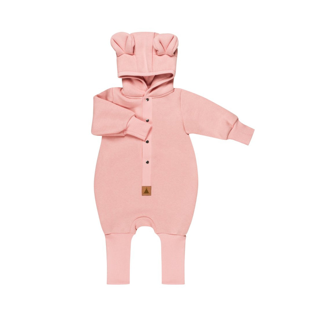 3. Studio shot of peach eared jumpsuit for kids with hood and foldable cuffs