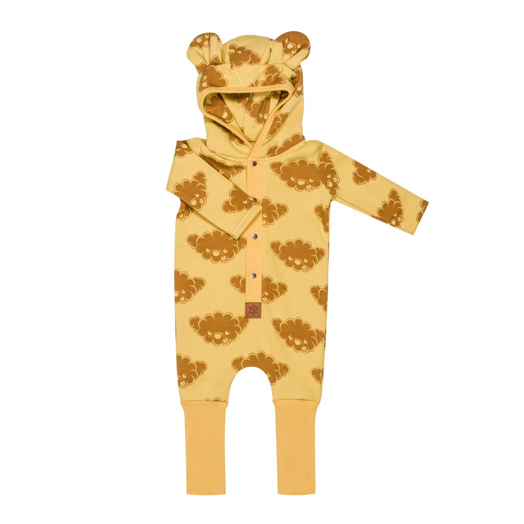 2. Yellow jumpsuit with cloud print and hood with ears, laid flat showing front design
