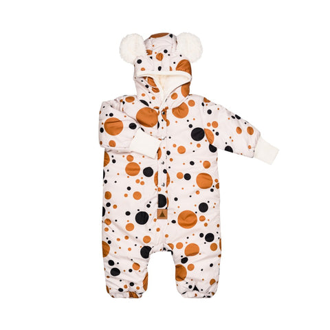 2. Black and orange polka dot winter jumpsuit for babies with teddy bear ears on hood, shown on white background